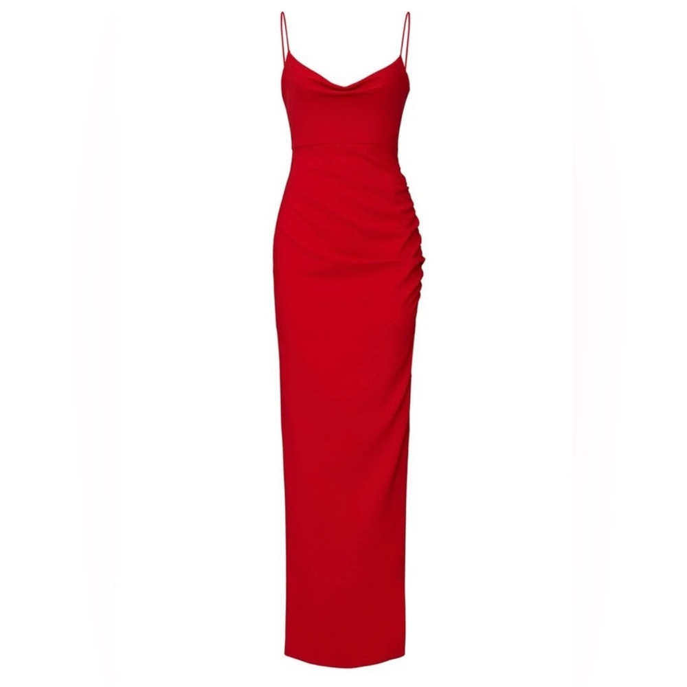 Likely Red Celinda Crepe cowl neck high slit full length gown